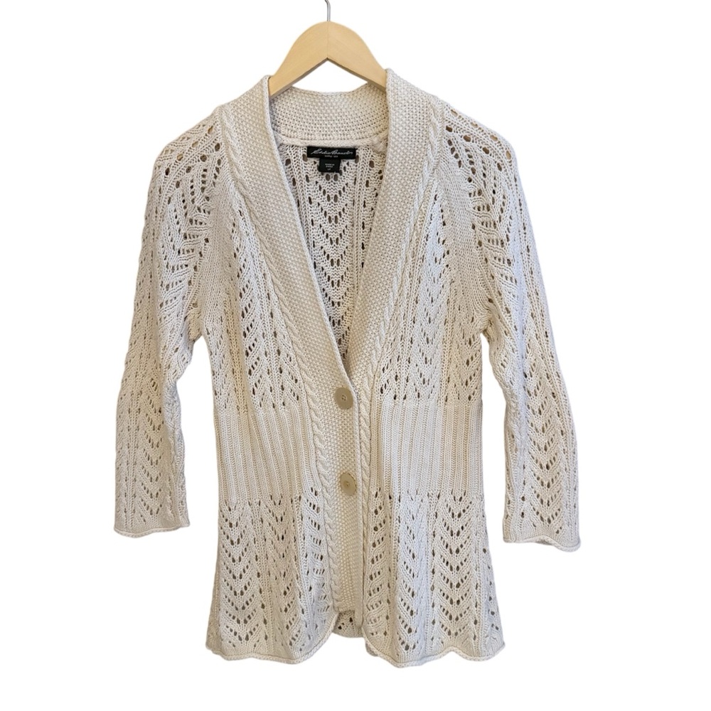 Eddie Bauer Women's Cream Open Knit Linen Blend‎ Cardigan Tag Size Large Petite